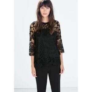 Zara Black Lace Blouse Sheer Layered Whimsigoth Dark Fairy Grunge S